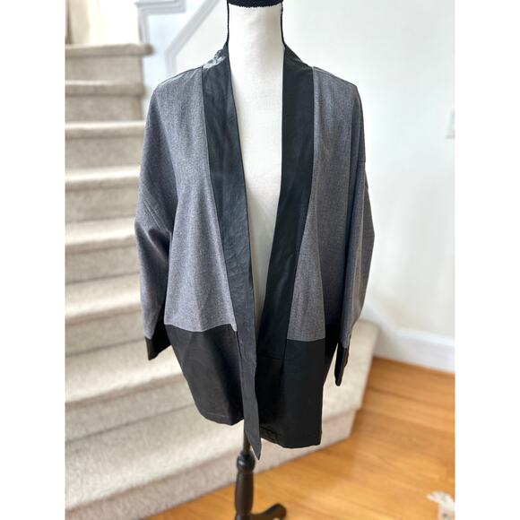 Natori Grey & Faux Leather Trim Open Kimono Cardigan - Picture 1 of 7